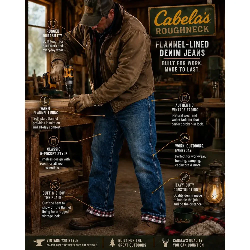 VTG Cabela's Roughneck Men's 34x32 Flannel Lined Jeans Insulated Y2K Workwear